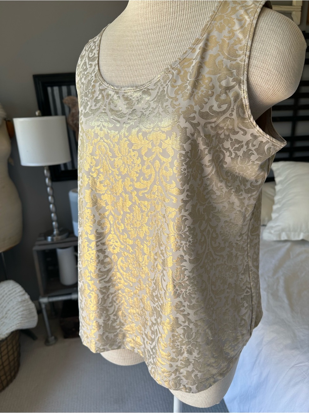 Chico's Gold Metallic Scroll Print Top on Cream, size medium (2) - Picture 3 of 9